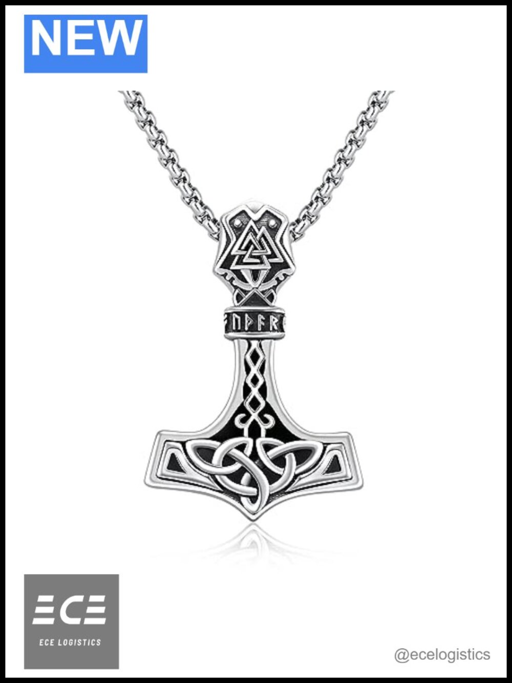 925 Sterling Silver Mjolnir Pendant Necklace Black Onyx Viking